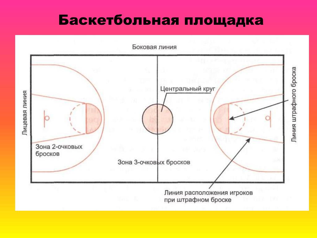 Разметка баскетбольной площадки с размерами и названиями линий схема