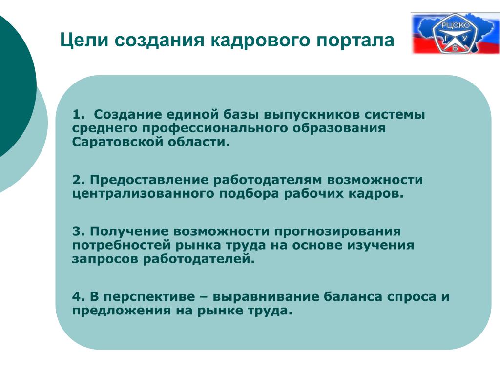 Кадровый портал. Рынок труда и профессиональное образование. Цель создания кадрового агентства. Создание единого рынка труда. Централизованного подбора кадров.