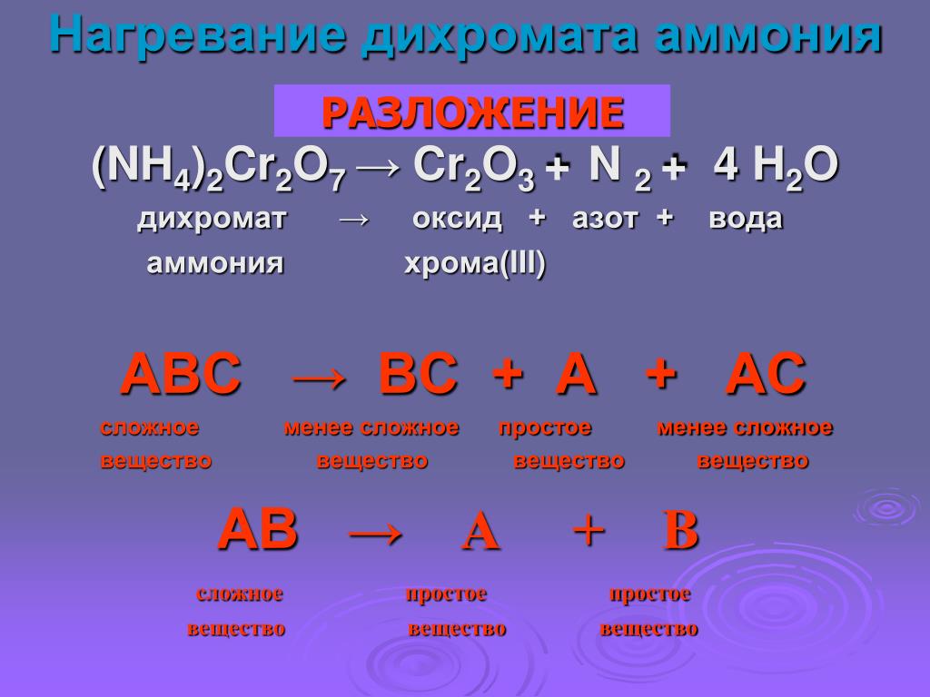 Укажите основание которое разлагается при нагревании. Формула реакции разложения дихромата аммония. Дихромат аммония o2 формула. Оазложение дизромата вмиония. Разложение дизромат аммония.