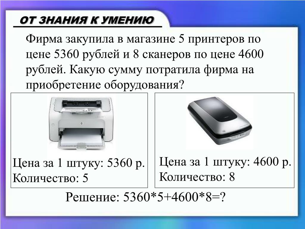 Фирма закупила. Фирма закупила 5 принтеров по цене 5360. Презентация компьютерного магазина. Принтеры по математике. Сканер решения задач.