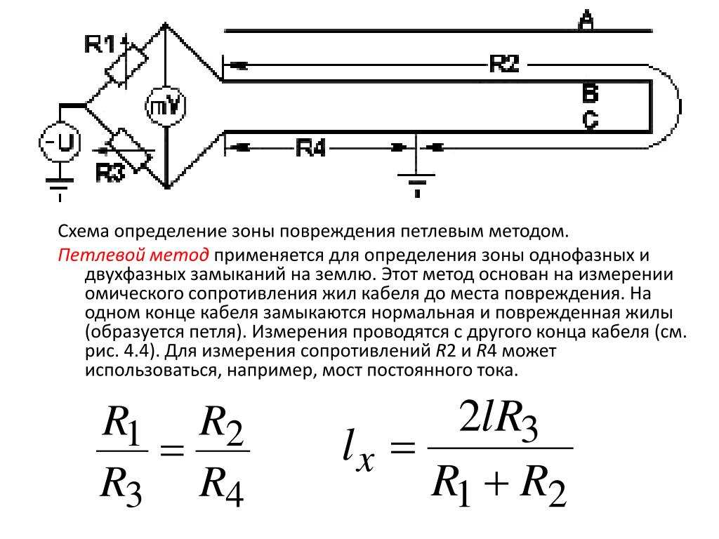 Определенная зона. Схема для определения места повреждения кабеля ПЕТЛЕВЫМ методом. Схема определения места повреждения кабеля методом петли. Петлевой метод определения повреждения кабеля. Импульсный метод определения повреждения кабеля схема.