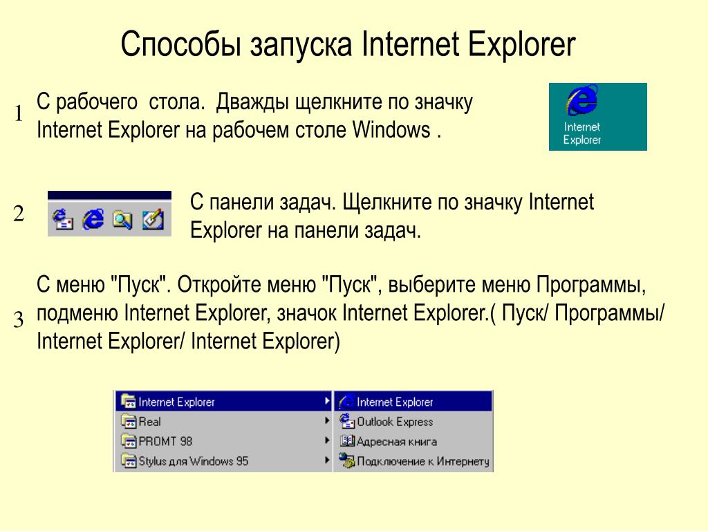 Способы запуска Internet Explorer.