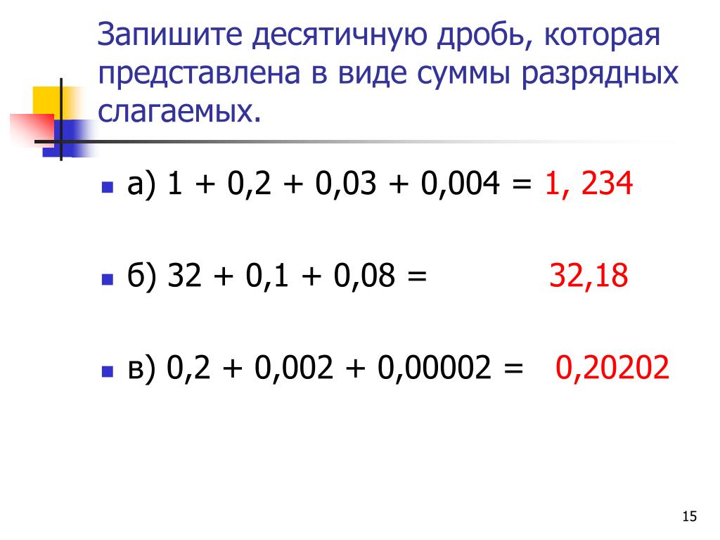 Запиши десятичную дробь 1 2. Запишите десятичную дробь. Разрядные слагаемые десятичных дробей. Представить в виде суммы разрядных слагаемых. Зпиоите десятичную дро.