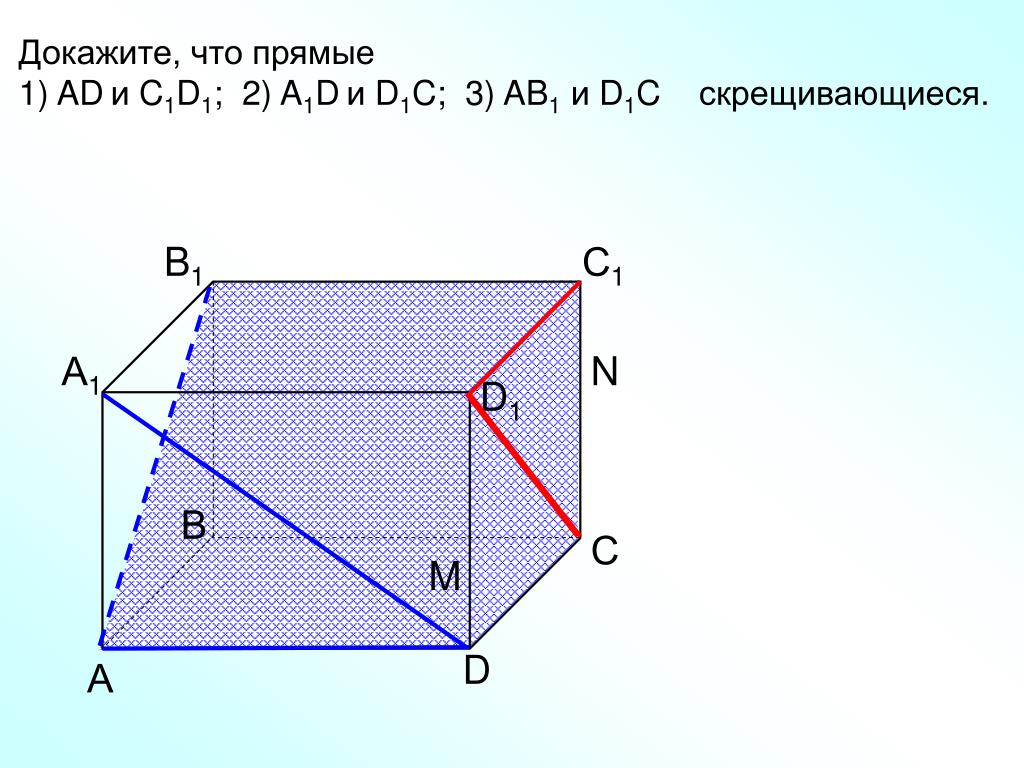 1 скрещивающиеся прямые. Скрещивающиеся прямые в параллелепипеде. Докажите, что прямые ad и c1d1, a1d и d1c, d1c и ab1 - скрещивающиеся. Доказать что прямые скрещиваются. Скрещивающиеся прямые в прямоугольном параллелепипеде.