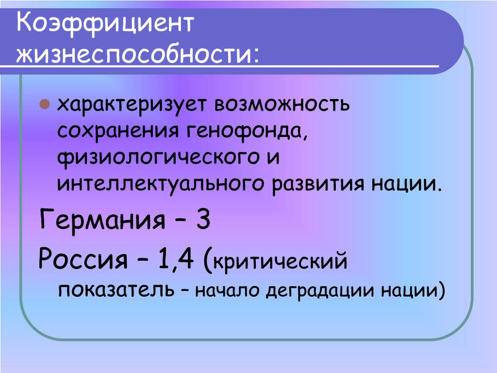 Возможность сохранения. Коэффициент жизнеспособности. Коэффициент жизнеспособности нации в России. Показатель жизнеспособности населения. Определите: коэффициент жизнеспособности.