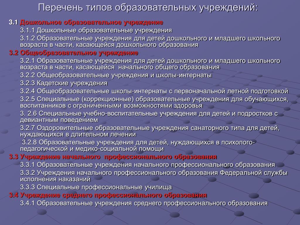 Виды учебной документации в начальной школе. Перечень образовательных учреждений. Образовательные организации список. Тип учреждения ДОУ. Перечень образований.