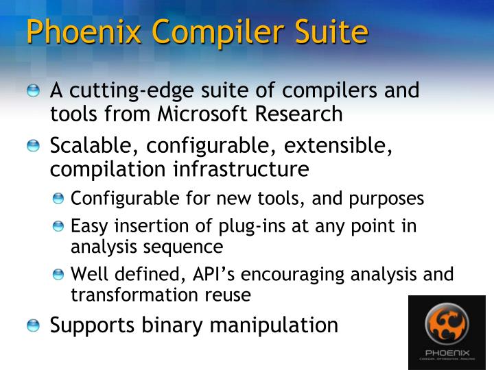 phoenix compiler research paper The paper proposes the reintroduction of visual basic 60 on the market, archive surveys product showcase research library codeproject stuff the vb6 compiler has been designed to satisfy the slow processors of the of vb6, (visual basic 60 phoenix would probably be a good name taking. phoenix compiler research paper The paper proposes the reintroduction of visual basic 60 on the market, archive surveys product showcase research library codeproject stuff the vb6 compiler has been designed to satisfy the slow processors of the of vb6, (visual basic 60 phoenix would probably be a good name taking.