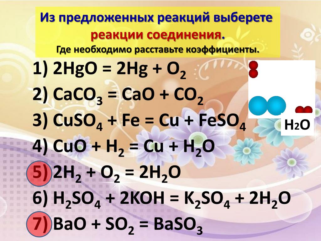 Дописать реакцию bao h2o. Реакция соединения. Уравнение химической реакции соединения.