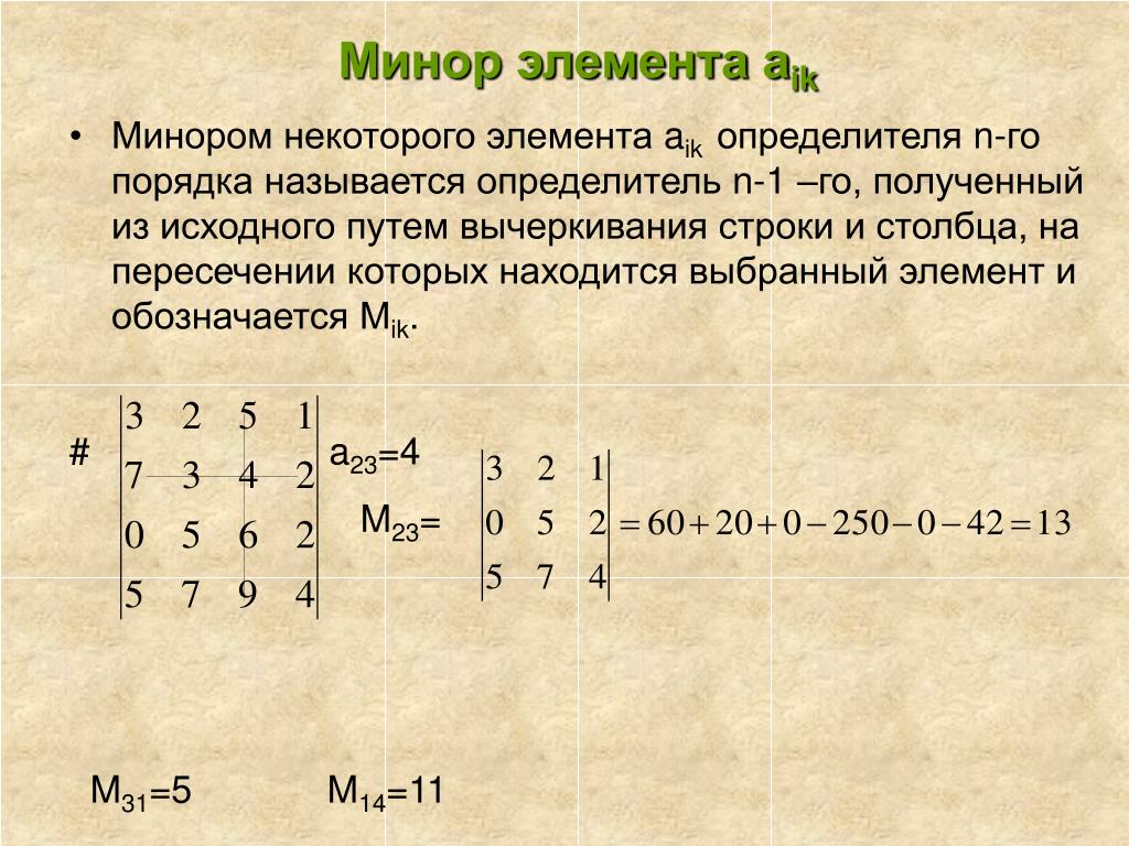 Минор матрицы алгебраическое дополнение. Минор и алгебраическое дополнение элемента. Минор определитель матрицы порядка n-1. Миноры и алгебраические дополнения элементов определителя. Матрица миноров в матрице 4 на 4.