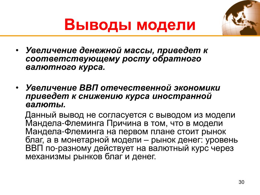 Вывод модели. Увеличение денежной массы. Сокращение денежной массы. Что способствует росту денежной массы.