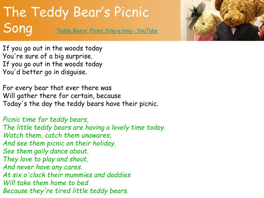 Тедди перевод. Teddy Bear песенка. Плюшевый мишка текст песни. Мишка плюшевый мишка текст песни. Teddy Bear's Picnic Song.