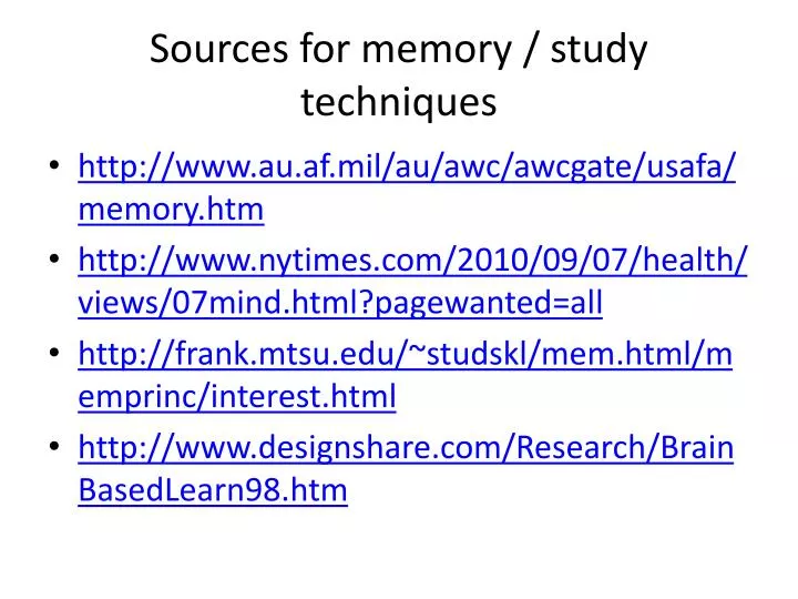 sources for memory study techniques n.