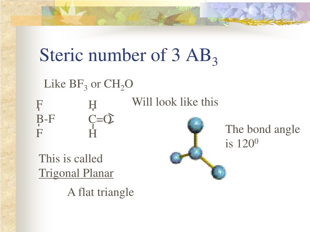 Like BF3 or CH2O Will look like this F B-F F H C=O H The bond angle is 1200...