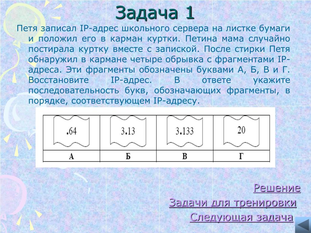 Задачи на листы бумаги. Задания на восстановление IP-адреса. IP адрес школьного сервера. IP-адрес школьного сервера на листке бумаги и положил его в карман. Задача восстановить IP адрес.