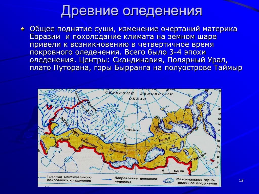 Древнейшая форма рельефа. Центр древнего оледенения Евразии. Древнее оледенение России 4 эпохи. Карта древнего оледенения на территории России. Древние оледенения.