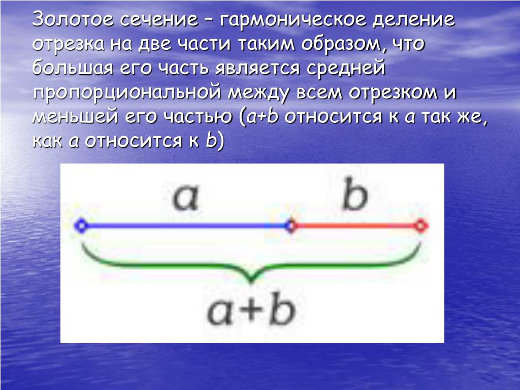 A относится к b. Золотое сечение на отрезке. Золотое сечение-гармоническое деление.. Золотое сечение деление отрезка. Золотое сечение это деление отрезка на две части.