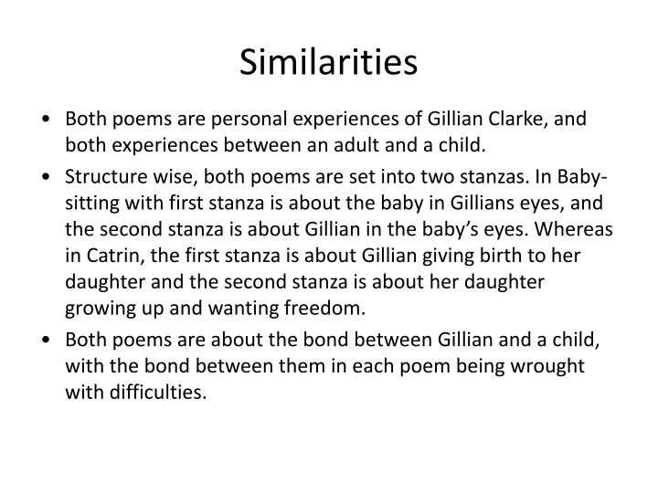 catrin and baby-sitting by gillian clarke essay His essays and stories have appeared in colorado review, rosebud, alaska quarterly, and other literary journals, along with a few anthologies, and been recognized in the notable essays section of best american essays. catrin and baby-sitting by gillian clarke essay His essays and stories have appeared in colorado review, rosebud, alaska quarterly, and other literary journals, along with a few anthologies, and been recognized in the notable essays section of best american essays.