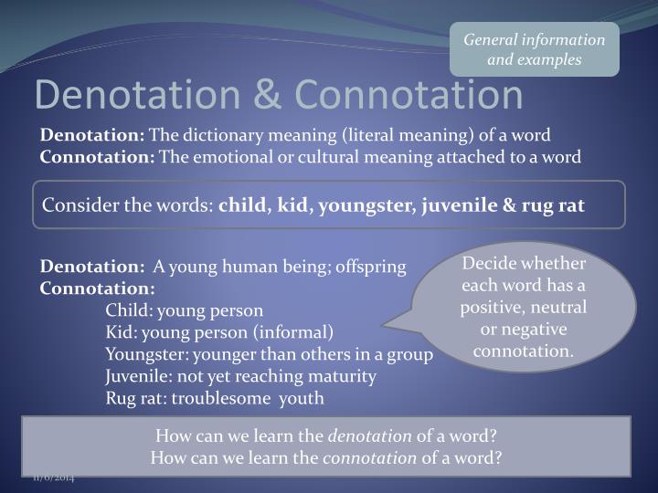 the fundamental roles of denotation and connotation in poetry List of connotation examples in common speech and literature connotation refers to a meaning that is implied by a word apart from the thing which it describes explicitly. the fundamental roles of denotation and connotation in poetry List of connotation examples in common speech and literature connotation refers to a meaning that is implied by a word apart from the thing which it describes explicitly.