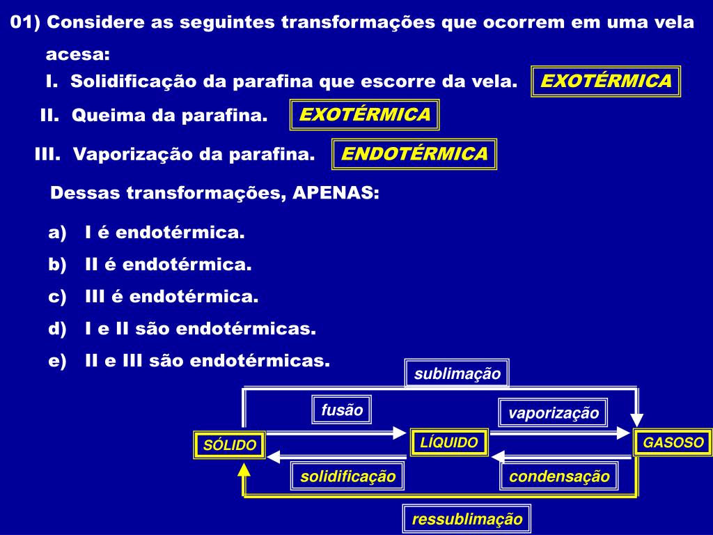 PPT - 01) Considere as seguintes transformações que ocorrem em uma vela ...