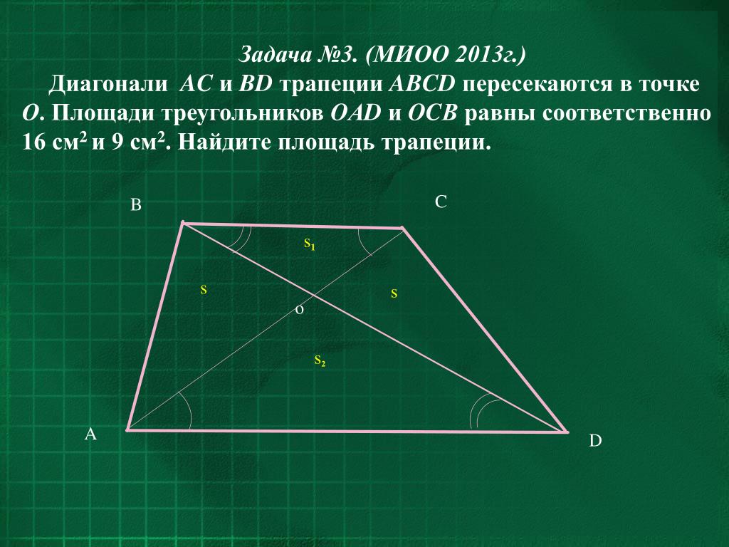 Три стороны выпуклого четырехугольника равны а два. Диагонали трапеции пересекаются в точке о. Площадь треугольника в трапеции диагонали. Диагонали трапеции пересекаются. Задача с трапецией и диагоналями.