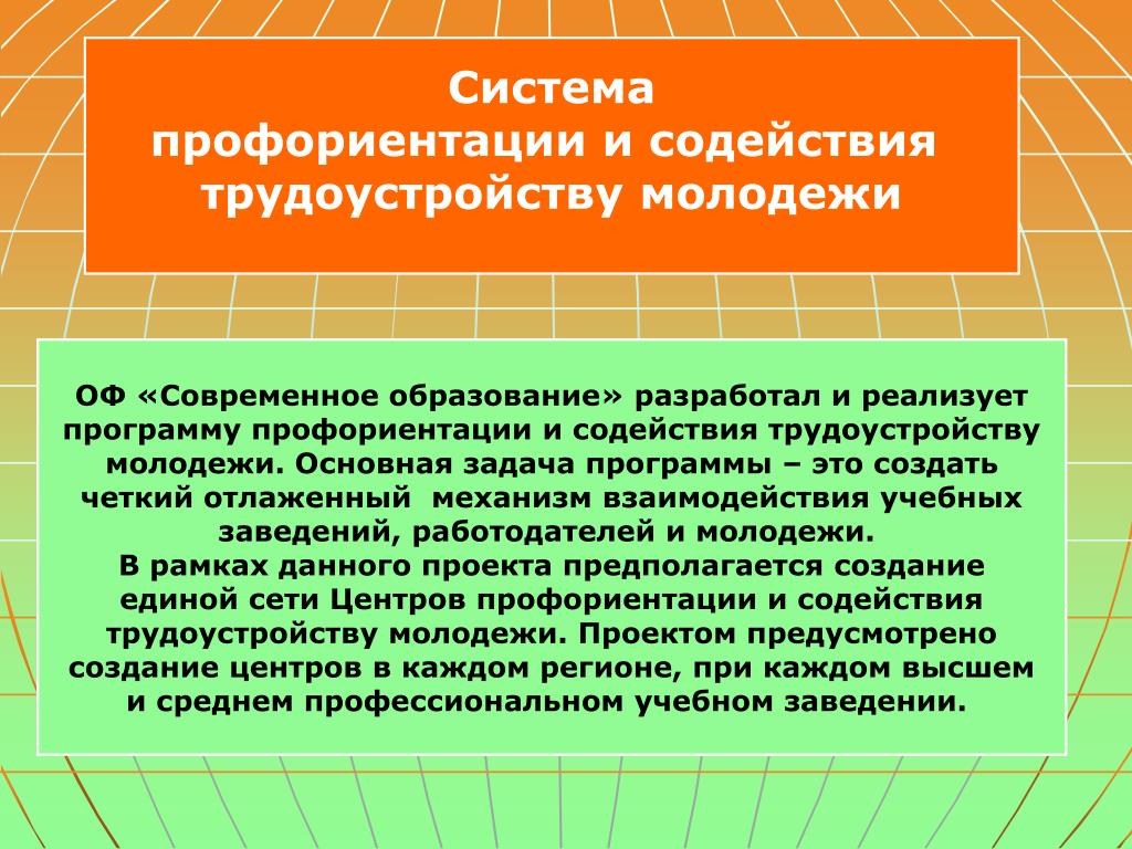 Система профессиональной ориентации. Профориентация и содействие трудоустройству молодежи. Программа содействия занятости молодежи. Проекты по профессиональной ориентации молодежи. Презентация на тему профориентации и содействия трудоустройству.