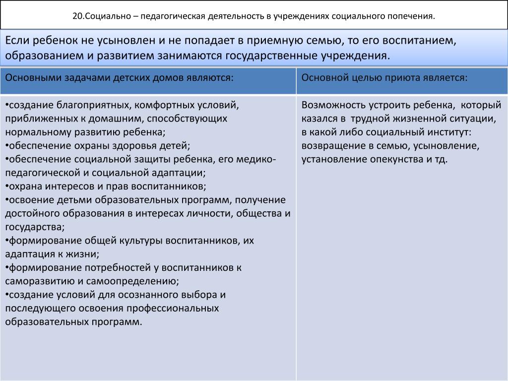 Учреждения государственного попечения. Социально-педагогическая деятельность при усыновлении ребенка..