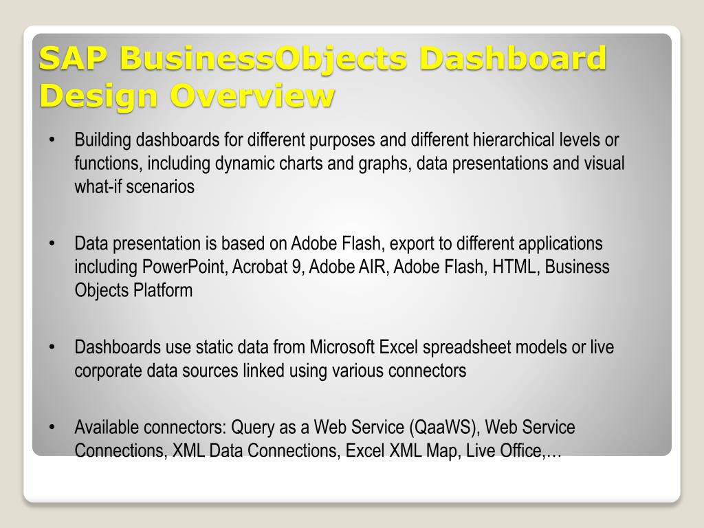 PPT - Report Design &amp; Data Monitor using BusinessObjectsDashboard Design  Concepts and Theory PowerPoint Presentation - ID:6362350