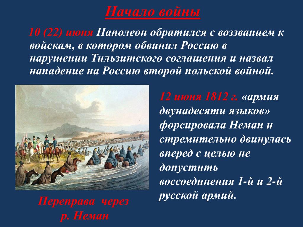 Причины нападения. Начало Отечественной войны 1812 переправа через Неман. Цели Наполеона в войне с Россией в 1812.