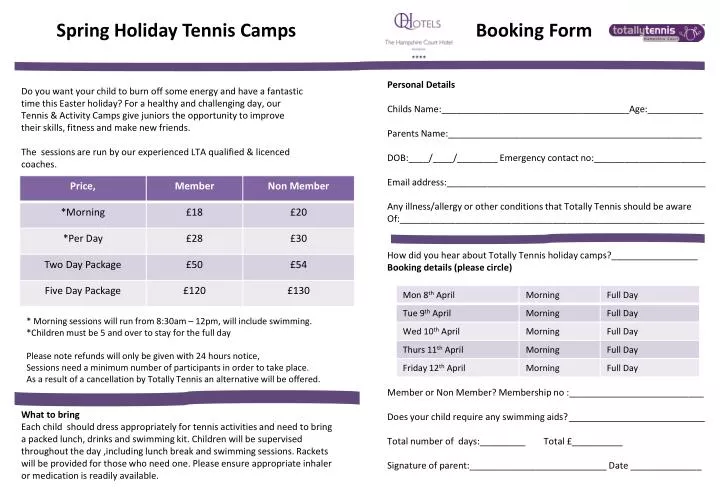 spring holiday tennis camps booking form n.