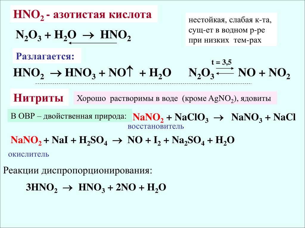 Вода образуется при действии азотной кислоты. Азотистая кислота при нагревании разлагается. Азотистая кислота hno2. N2o3 hno3. N2o3 + h2o → hno2.