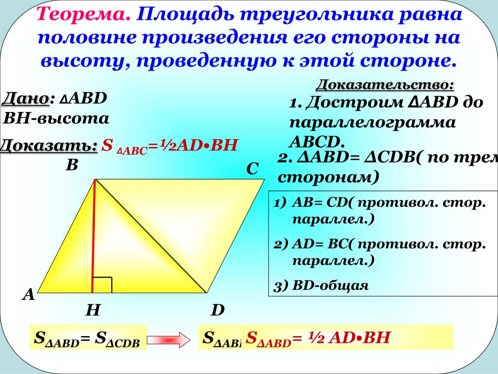 Произведение оснований равно произведению боковых сторон. Формула теоремы о площади треугольника. Доказательство теоремы о площади треугольника. Теорема о площади треугольника. Площадь треугольника доказательство.