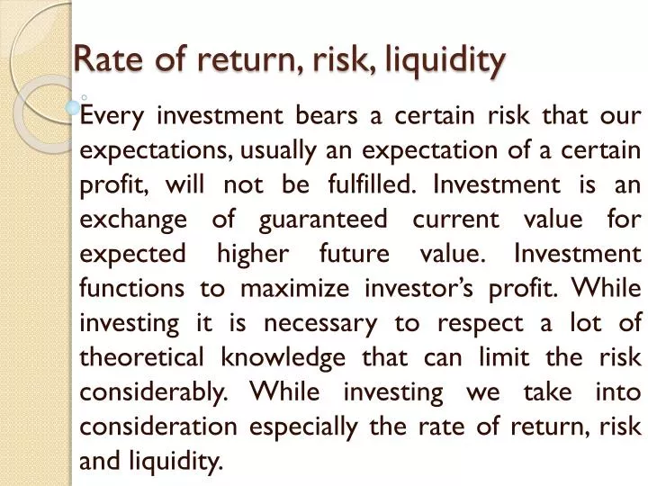PPT - Rate of return, risk, liquidity PowerPoint Presentation, free