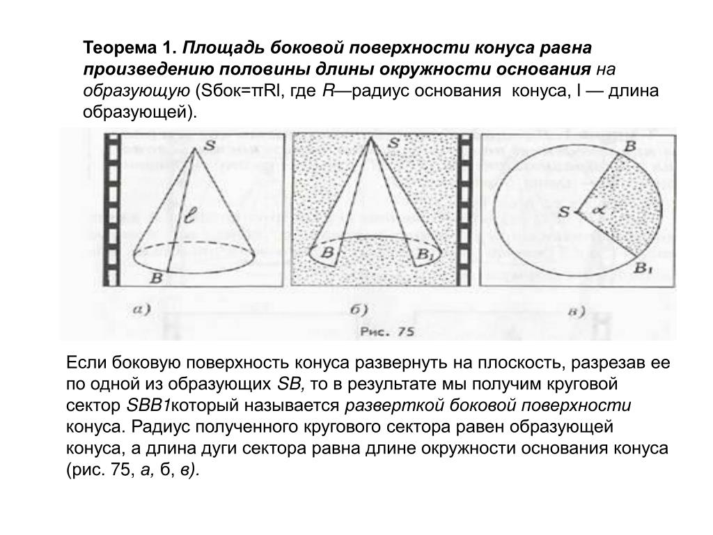 Половина длины основания. Площадь боковой поверхности конуса поверхности. Площадь сектора основания конуса. Площадь сектора равна площади боковой поверхности конуса. Площадь боковой поверхности конуса равна площади его развёртки.