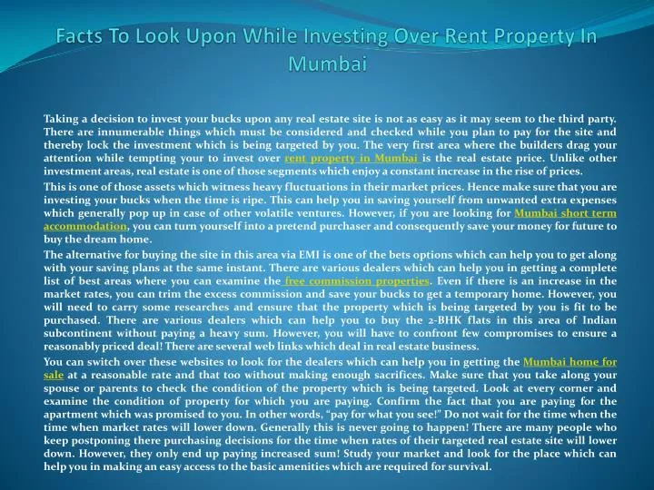 facts to look upon while investing over rent property in mumbai n.