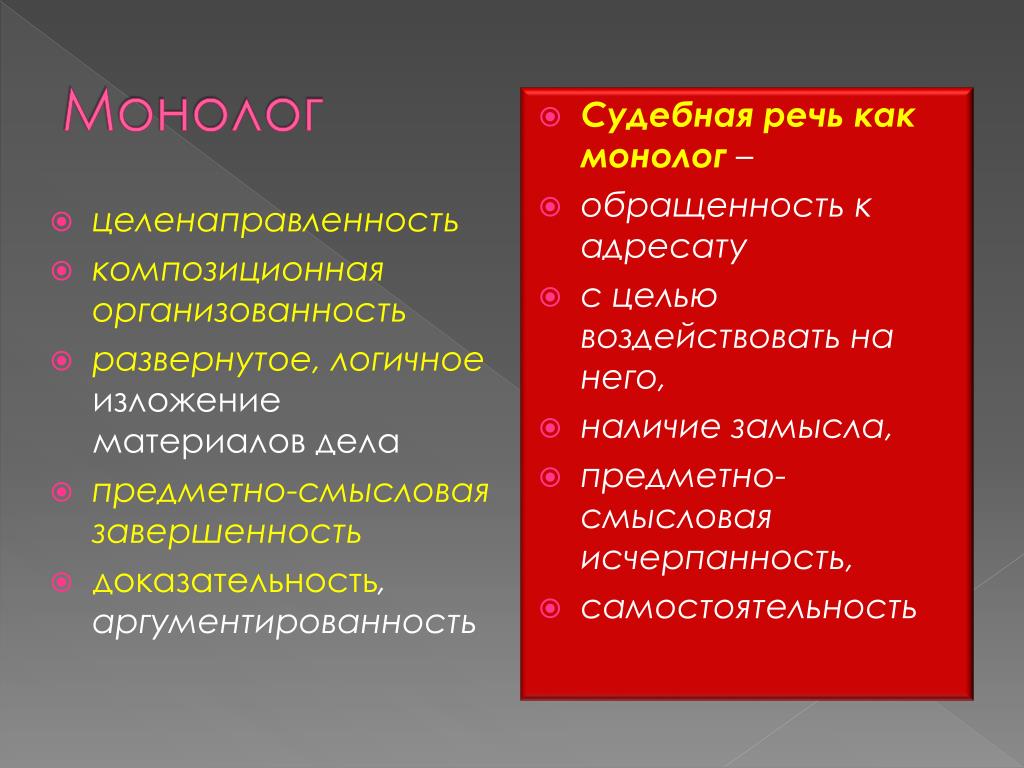 Укажите все верные характеристики монолога как формы. Судебная речь монолог. Черты судебной речи. Монолог монологическая речь. Характерные черты монолога.