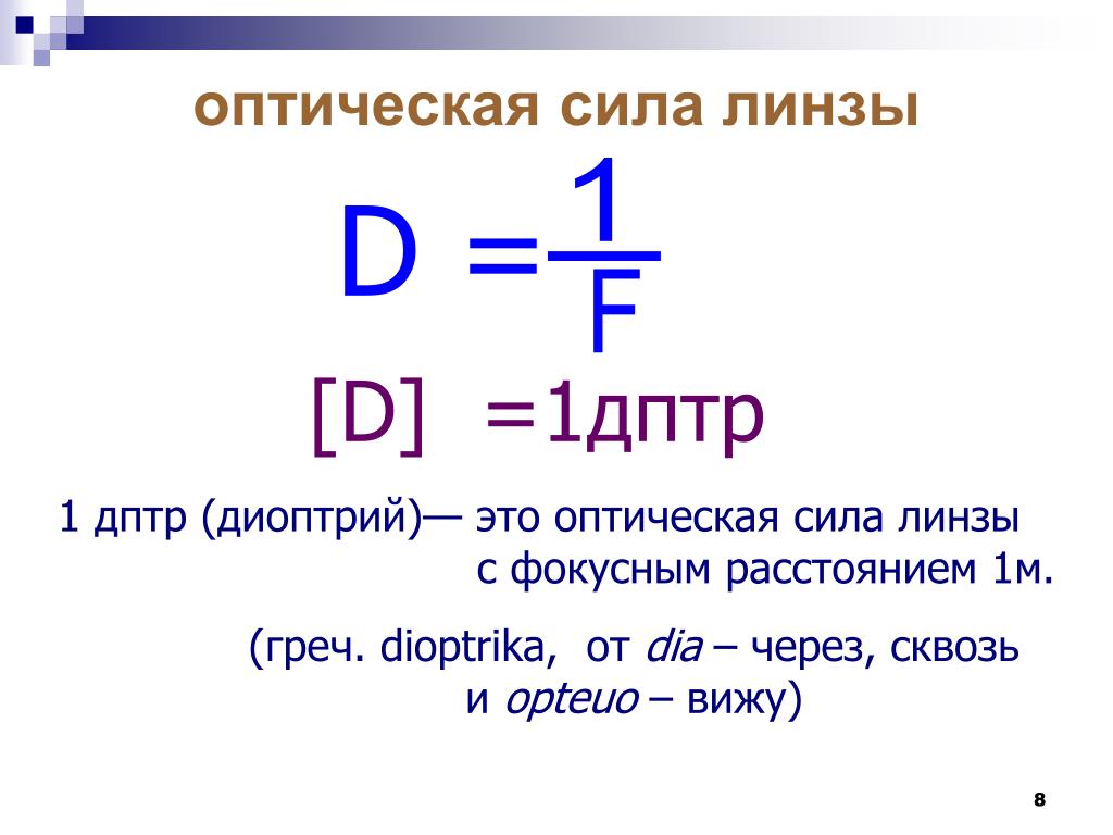 Если оптическая сила линзы равна 1 дптр. Оптическая сила линзы. Оптическая сила d дптр.
