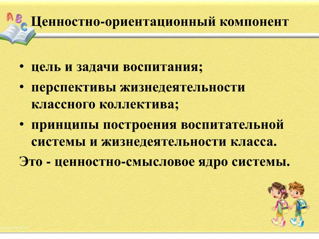 Смысловой ядро новой философии воспитания. Ценностно-ориентационный компонент. Перспективы жизнедеятельности класса. Жизнедеятельность классного коллектива. Задачи воспитательной системы.