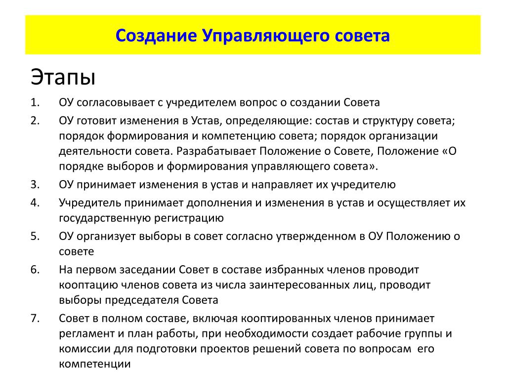 Рекомендовано провести. Создание управляющего совета. Обязанности членов управляющего совета. Количество членов управляющего совета. Когда рекомендуется проводить заседания управляющего совета.