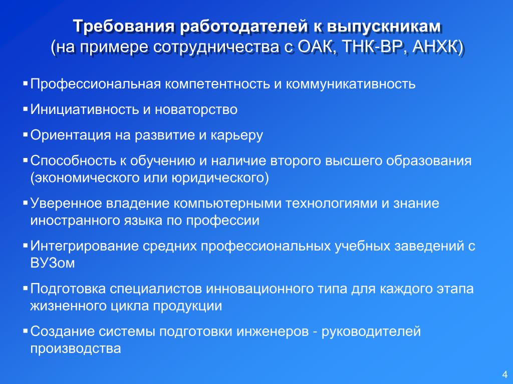 Какие требования к работодателю. Требования к выпускнику. Предложения по улучшению подготовки выпускников. Требования к работодателю.