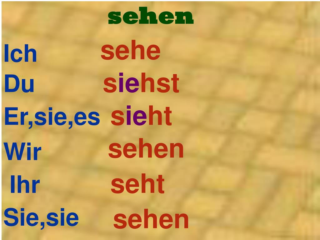 sehe Ich siehst Du sieht Er,sie,es sehen Wir seht Ihr Sie,sie sehen.