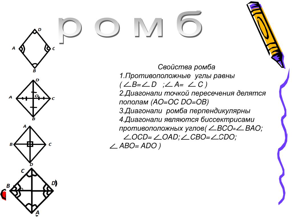 Сформулируйте и докажите свойства диагоналей ромба. Ромб (определение, чертеж, свойства). Ромб определение свойства признаки. Свойства углов ромба. Характеристика ромба.