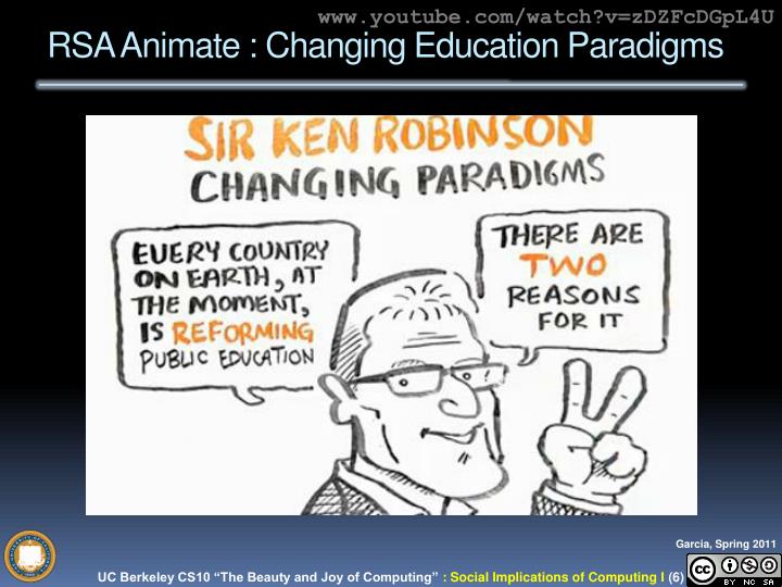 rsa animate changing education paradigms Ken robinson: changing education paradigms with rsa animate i've been a fellow of the rsa (royal society for the encouragement of the arts, manufactures and commerce) for nearly three years now, and have spent 2010 on the advisory board for its opening minds curriculum , which relaunches this year and next with added support for those seeking new models for the new education paradigm. rsa animate changing education paradigms Ken robinson: changing education paradigms with rsa animate i've been a fellow of the rsa (royal society for the encouragement of the arts, manufactures and commerce) for nearly three years now, and have spent 2010 on the advisory board for its opening minds curriculum , which relaunches this year and next with added support for those seeking new models for the new education paradigm.