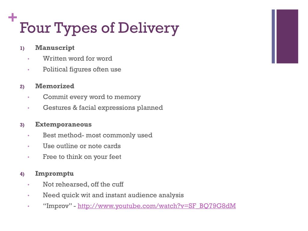 types of speech according to delivery examples