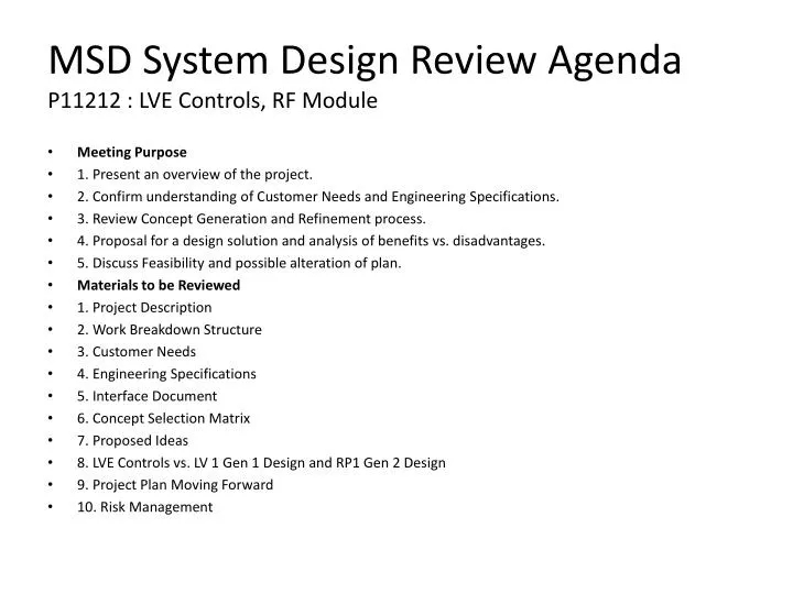 PPT MSD System Design Review Agenda P11212 LVE Controls RF Module 