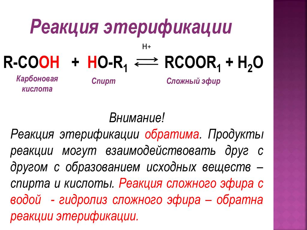При реакции кислот и спирта образуются. Этерификация сложных эфиров. Общая схема реакции этерификации. Пример уравнение реакции этерификации. Реакция этерификации спиртов.