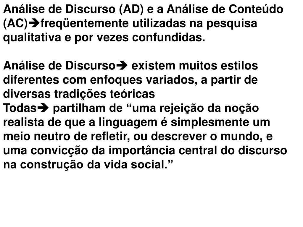 PPT - Técnicas de Análise de Dados Qualitativos Análise do Discurso x  Análise de Conteúdo Triangulação PowerPoint Presentation - ID:6523006