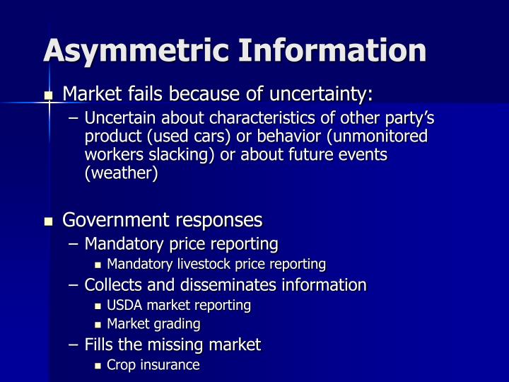 information asymmetry example Information asymmetry: adverse selection and moral hazard these examples illustrate the 2 types of risks that are present when there is information asymmetry. information asymmetry example Information asymmetry: adverse selection and moral hazard these examples illustrate the 2 types of risks that are present when there is information asymmetry.