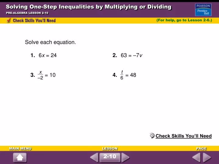 solving one step inequalities by multiplying or dividing n.