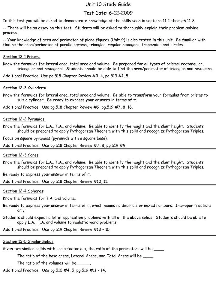 Ppt Unit 10 Study Guide Test Date 6 12 2009 Powerpoint Presentation Id 6556449