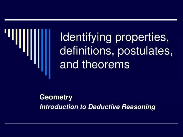 geometry definitions postulates and theorems A summary of de nitions, postulates, algebra rules, and theorems that are often used in geometry proofs: de nitions: de nition of mid-point and segment bisector. geometry definitions postulates and theorems A summary of de nitions, postulates, algebra rules, and theorems that are often used in geometry proofs: de nitions: de nition of mid-point and segment bisector.